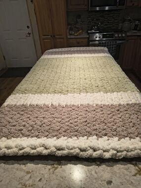 Handmade Plush Striped Throw Blanket in Sage, Taupe & Cream. Made To Order.